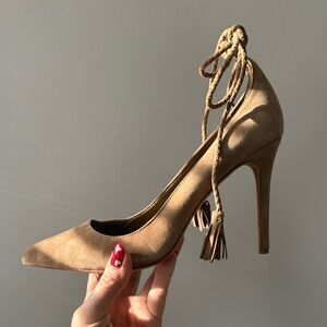Joie Angelina suede braided tie Tan Lace-Up 4.5” Heels size 40 W9.5